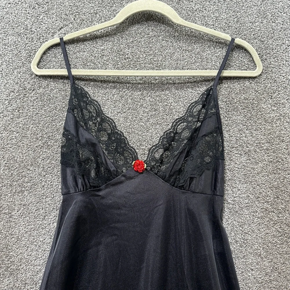 VTG Petra Fashions Black Lace Maxi Nightgown Small Rose Detail USA Made Romantic